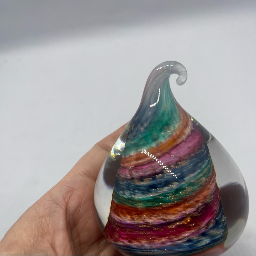 Handblown WV-Glass Dimensions teardrop rainbow swirl paperweight - Picture 6 of 9